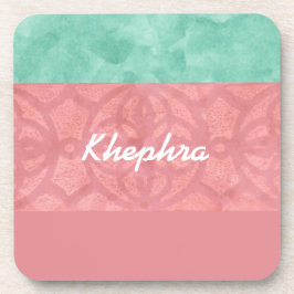 赤いピンクのろうけつ染めと青い水の色の名前と年 コースター