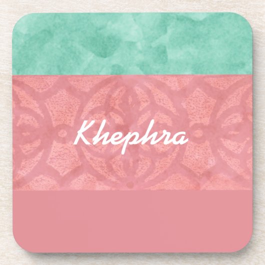 赤いピンクのろうけつ染めと青い水の色の名前と年 コースター (正面)