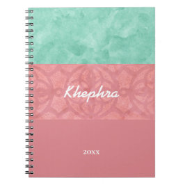 赤いピンクのろうけつ染めと青い水の色の名前と年 ノートブック