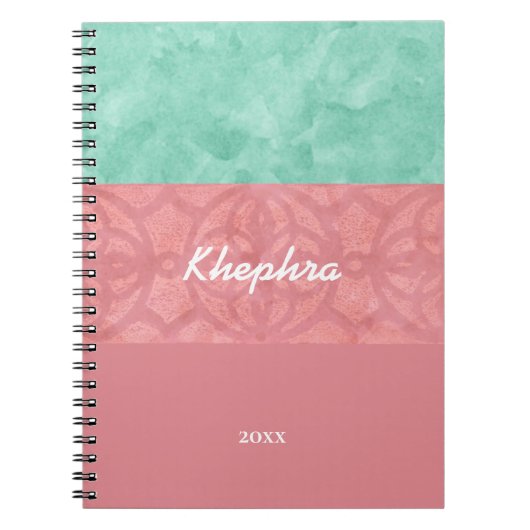 赤いピンクのろうけつ染めと青い水の色の名前と年 ノートブック (正面)