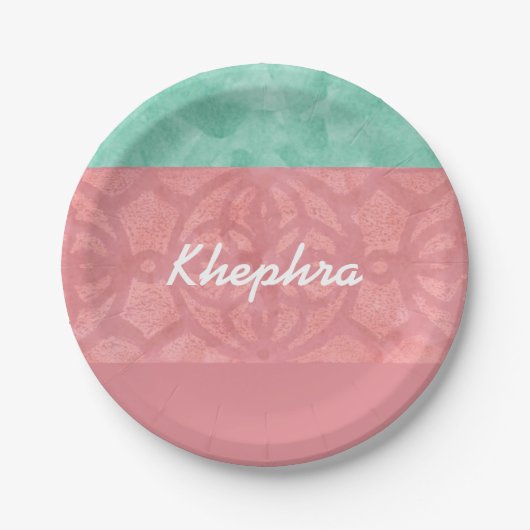 赤いピンクのろうけつ染めと青い水の色名 ペーパープレート (正面)