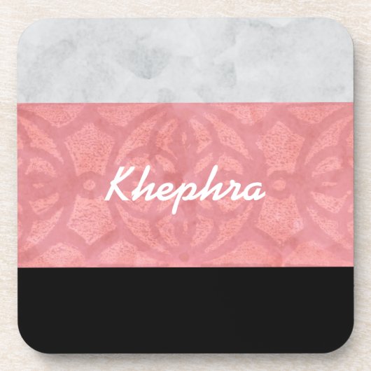 赤いピンクのろうけつ染めグレーの水の色と名前 コースター (正面)