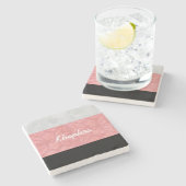 赤いピンクのろうけつ染めグレーの水の色と名前 ストーンコースター (横)