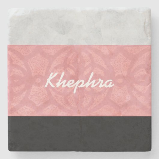 赤いピンクのろうけつ染めグレーの水の色と名前 ストーンコースター (正面)