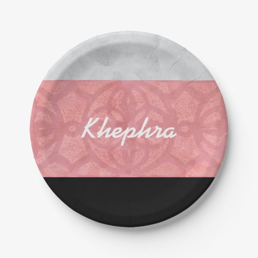 赤いピンクのろうけつ染めグレーの水の色と名前 ペーパープレート (正面)