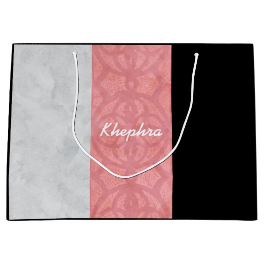 赤いピンクのろうけつ染めグレーの水の色と名前 ラージペーパーバッグ (正面)