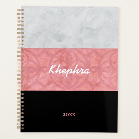 赤いピンクのろうけつ染めグレーの水の色の名前と年 プランナー手帳 (正面)