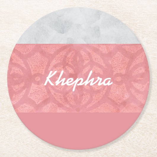 赤いピンクのろうけつ染めグレーの水の色名 ラウンドペーパーコースター (正面)