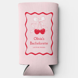 赤いピンクのウェーブ チェリー オン トップの弓 バチェロレッテ パーティー スリム缶クーラー