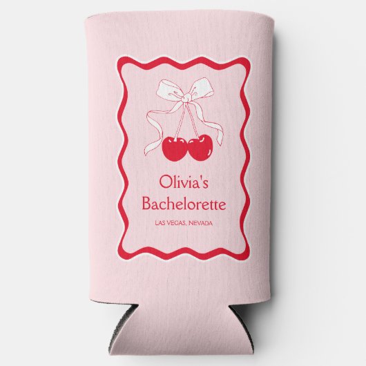 赤いピンクのウェーブ チェリー オン トップ ボウ ブライズメイド パーティー スリム缶クーラー (正面)