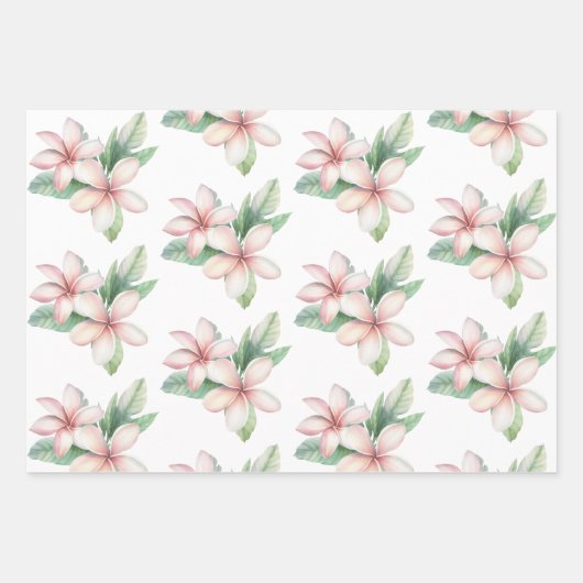 赤いピンクのトロピカルなハイビスカスとプルメリアの花のウェディング ラッピングペーパーシート (正面3)