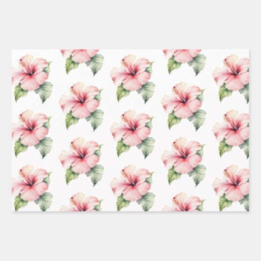 赤いピンクのトロピカルなハイビスカスとプルメリアの花のウェディング ラッピングペーパーシート (正面2)