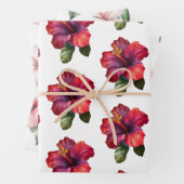 赤いピンクのトロピカルなハイビスカスとプルメリアの花のウェディング ラッピングペーパーシート (インサイチュ)