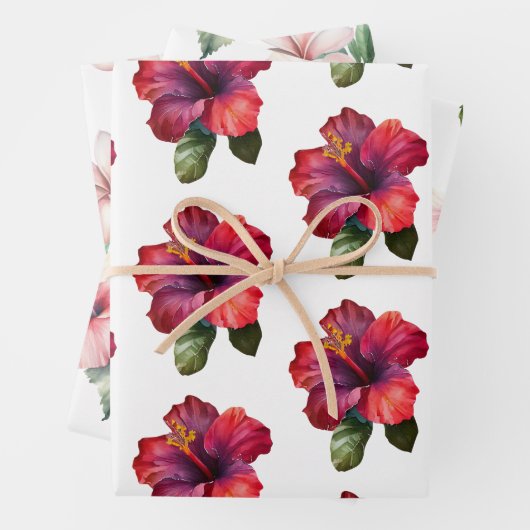 赤いピンクのトロピカルなハイビスカスとプルメリアの花のウェディング ラッピングペーパーシート (インサイチュ)