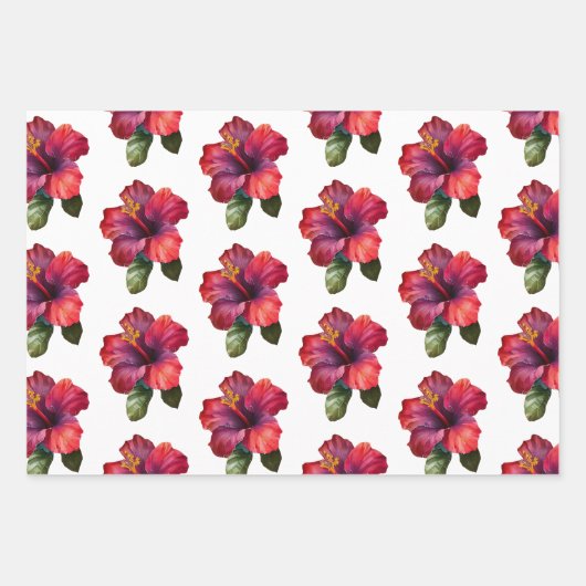 赤いピンクのトロピカルなハイビスカスとプルメリアの花のウェディング ラッピングペーパーシート (正面)