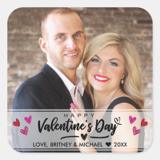 赤いピンクのハートバレンタインデーの写真を落書き スクエアシール (正面)