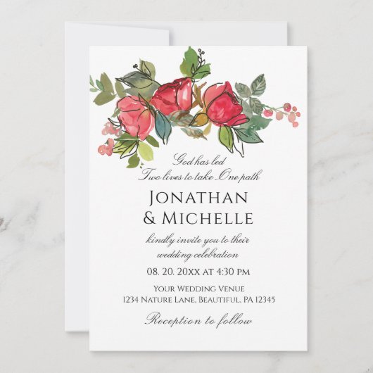 赤いピンクのバラのフローラすべて一つのクリスチャン結婚ズ 招待状 (正面)