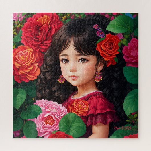 赤いピンクのバラの花を持つかわいい女の子 ジグソーパズル (縦)