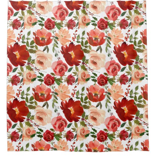 赤いピンクのバラ ケイトウ おしゃれ ガーリー シャワーカーテン (正面)