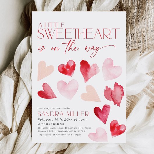 赤いピンクのバレンタインハート スイートハートベイビーシャワー 招待状