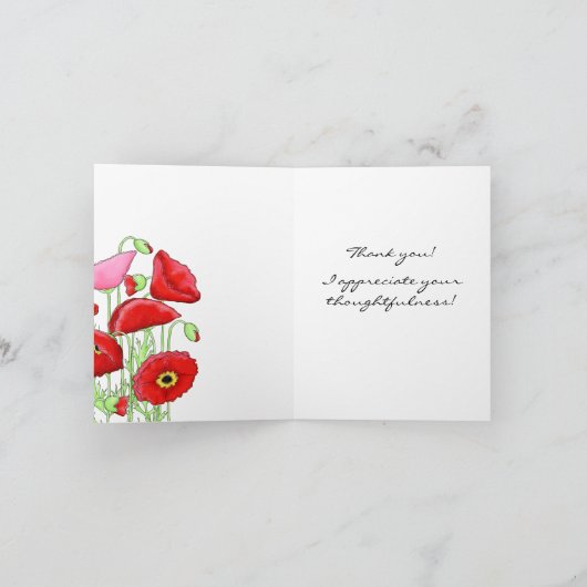 赤いピンクのポピー花の感謝のメッセージカード サンキューカード (内部)