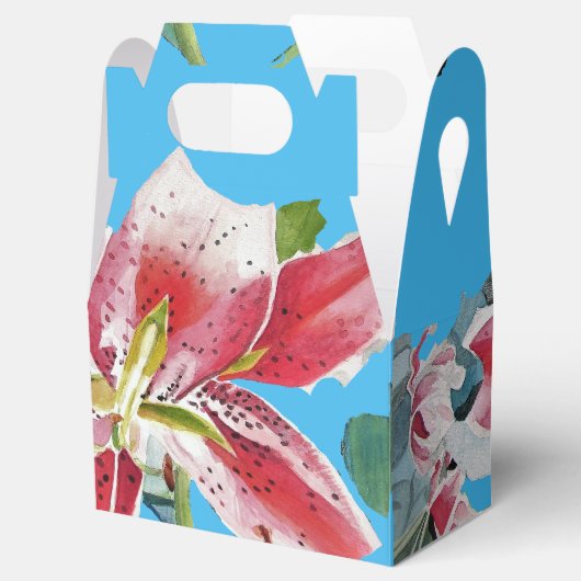 赤いピンクのユリの花の青いウェディングケーキのプレゼントボックス フェイバーボックス (オープン)