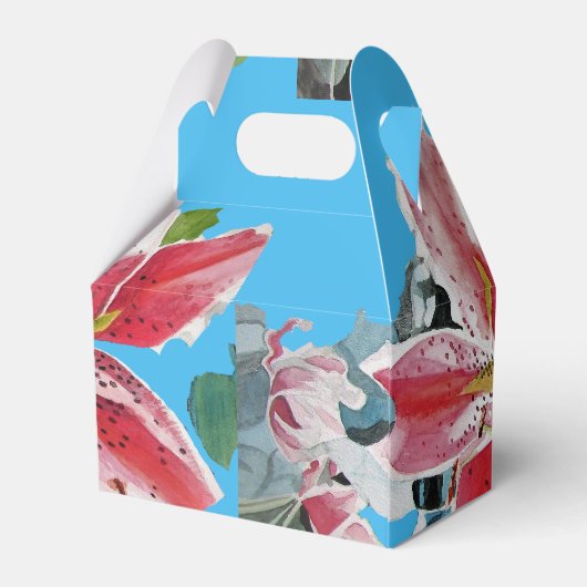 赤いピンクのリリーの花の青いウェディングケーキのプレゼントボックス フェイバーボックス (裏面サイド)