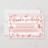 赤いピンクのレトロでかわいいイラストの本 赤ちゃんのシャワー 招待状 (正面)