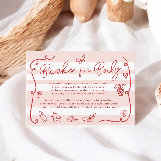 赤いピンクのレトロでかわいいイラストの本 赤ちゃんのシャワー 招待状