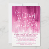 赤いピンクの抽象的なアートを使ったライブストリーミングウェディング 招待状 (正面)