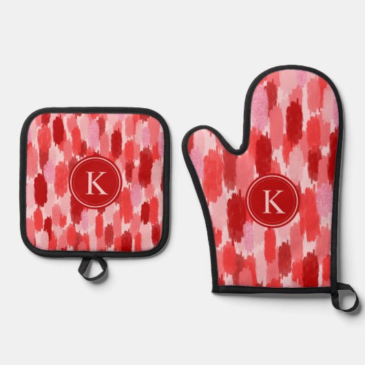 赤いピンクの抽象芸術ブラシストロークのパターンモノグラム 鍋つかみ&鍋敷きセット (正面)