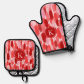 赤いピンクの抽象芸術ブラシストロークのパターンモノグラム 鍋つかみ&鍋敷きセット (正面/裏面)