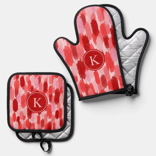 赤いピンクの抽象芸術ブラシストロークのパターンモノグラム 鍋つかみ&鍋敷きセット (正面/裏面)