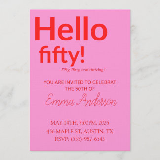 赤いピンクの文字が目立つ50歳の誕生日招待状 招待状