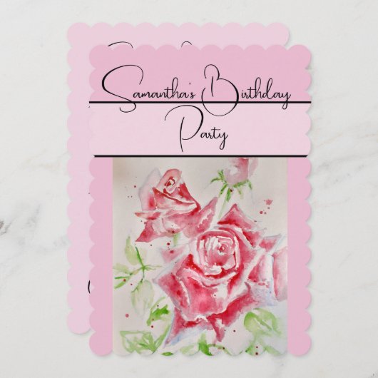 赤いピンクの水彩画のバラの花 招待状 (正面/裏面)