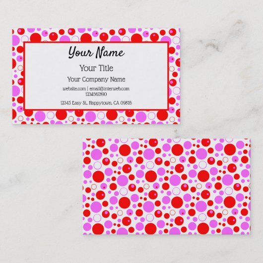 赤いピンクの水玉模様と円を編集可能 名刺 (正面/裏面)
