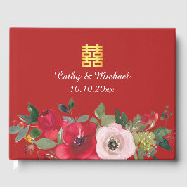 赤いピンクの水色のフローラモダンの2倍の幸せ ゲストブック