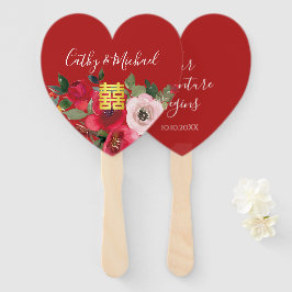 赤いピンクの水色のフローラモダンの2倍の幸せ ハンドファン