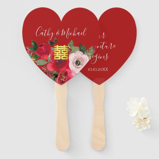 赤いピンクの水色のフローラモダンの2倍の幸せ ハンドファン (正面&裏面)