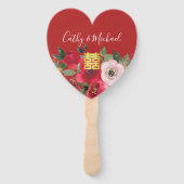 赤いピンクの水色のフローラモダンの2倍の幸せ ハンドファン (正面)