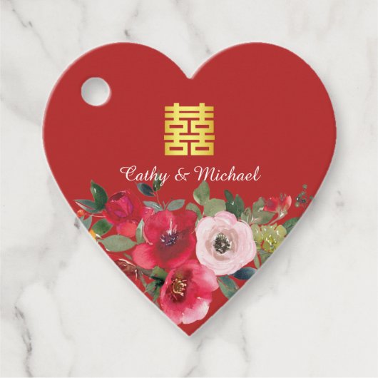 赤いピンクの水色のフローラモダンの2倍の幸せ フェイバータグ (正面)