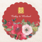 赤いピンクの水色のフローラモダンの2倍の幸せ ペーパーコースター (正面)