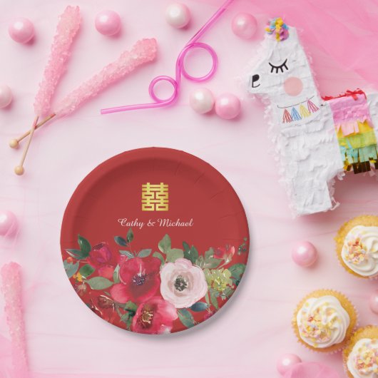 赤いピンクの水色のフローラモダンの2倍の幸せ ペーパープレート (パーティー)