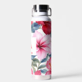赤いピンクの水色ハイビスカスの花 ウォーターボトル (背面)