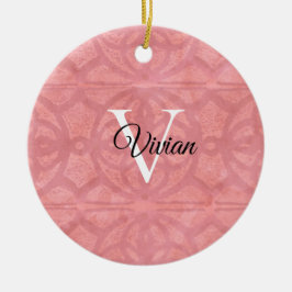 赤いピンクの水色モノグラム名 セラミックオーナメント