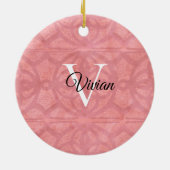 赤いピンクの水色モノグラム名 セラミックオーナメント (裏面)