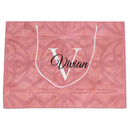 赤いピンクの水色モノグラム名 ラージペーパーバッグ