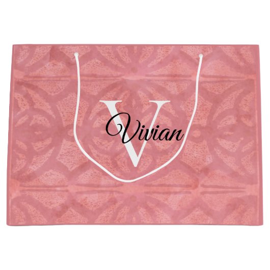 赤いピンクの水色モノグラム名 ラージペーパーバッグ (正面)