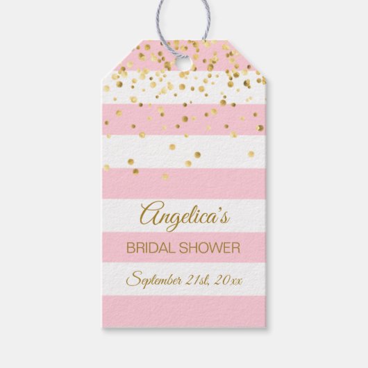 赤いピンクの白いストライプゴールドブライダルシャワー ギフトタグ (正面)