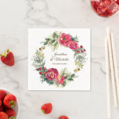 赤いピンクの緑の花のクリスマスリースのウェディング スタンダードカクテルナプキン (インサイチュ)